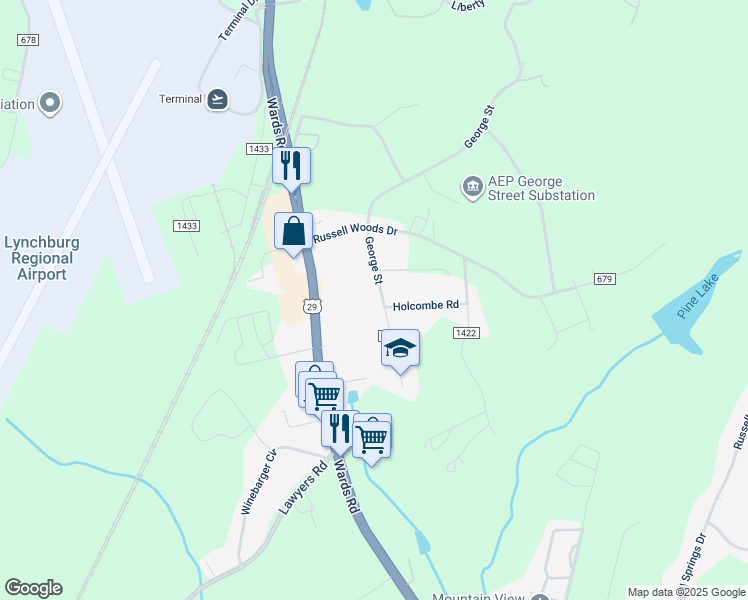 map of restaurants, bars, coffee shops, grocery stores, and more near 212 George Street in Lynchburg