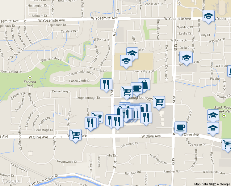 map of restaurants, bars, coffee shops, grocery stores, and more near 3310 R Street in Merced