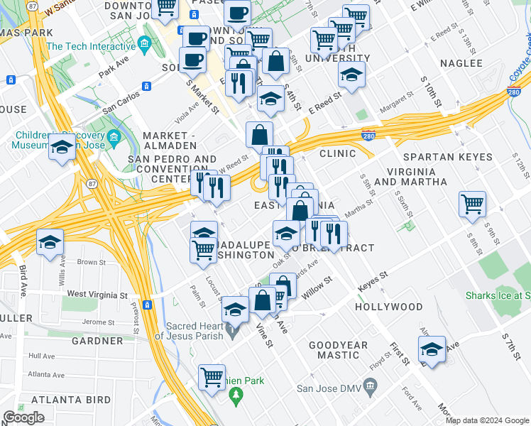 map of restaurants, bars, coffee shops, grocery stores, and more near 64 Union Street in San Jose
