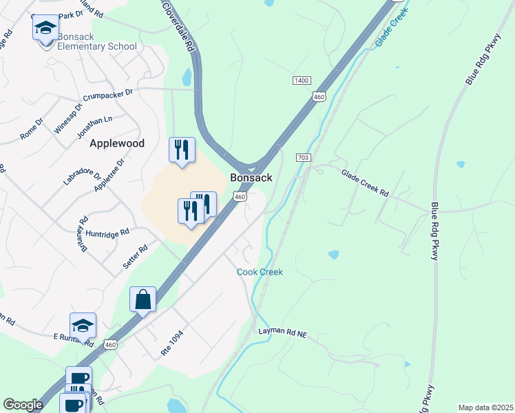 map of restaurants, bars, coffee shops, grocery stores, and more near 4637 Cook Creek Road in Roanoke