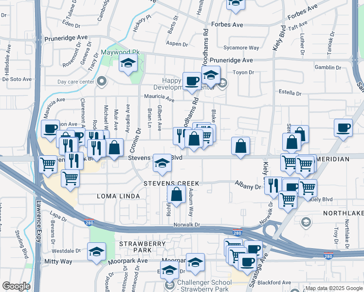 map of restaurants, bars, coffee shops, grocery stores, and more near 40 Woodhams Road in Santa Clara