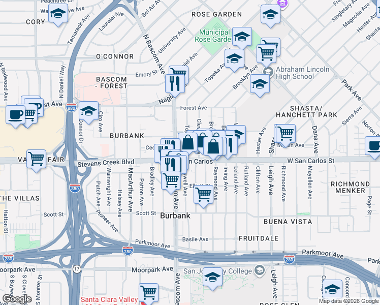 map of restaurants, bars, coffee shops, grocery stores, and more near 50 Topeka Avenue in San Jose