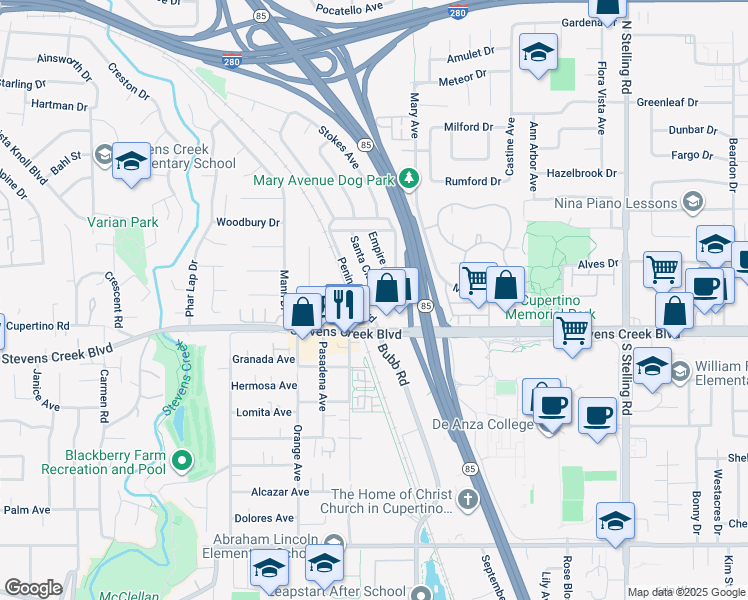 map of restaurants, bars, coffee shops, grocery stores, and more near 10091 Santa Clara Avenue in Cupertino