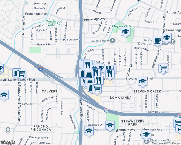 map of restaurants, bars, coffee shops, grocery stores, and more near 5201 Stevens Creek Boulevard in Santa Clara