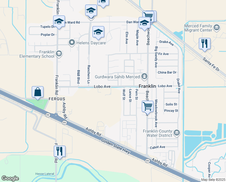 map of restaurants, bars, coffee shops, grocery stores, and more near 2577 Lobo Avenue in Merced