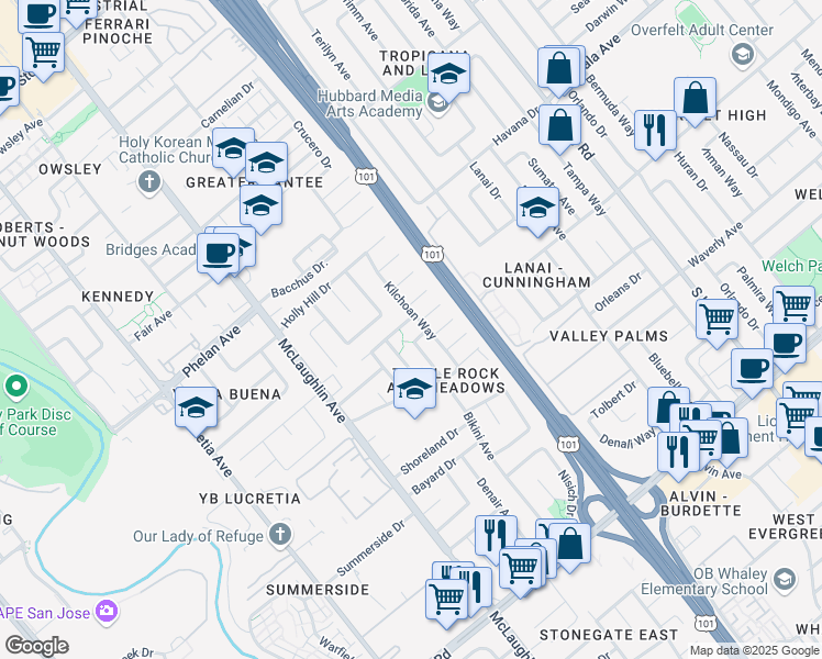 map of restaurants, bars, coffee shops, grocery stores, and more near 1358 Boa Vista Drive in San Jose
