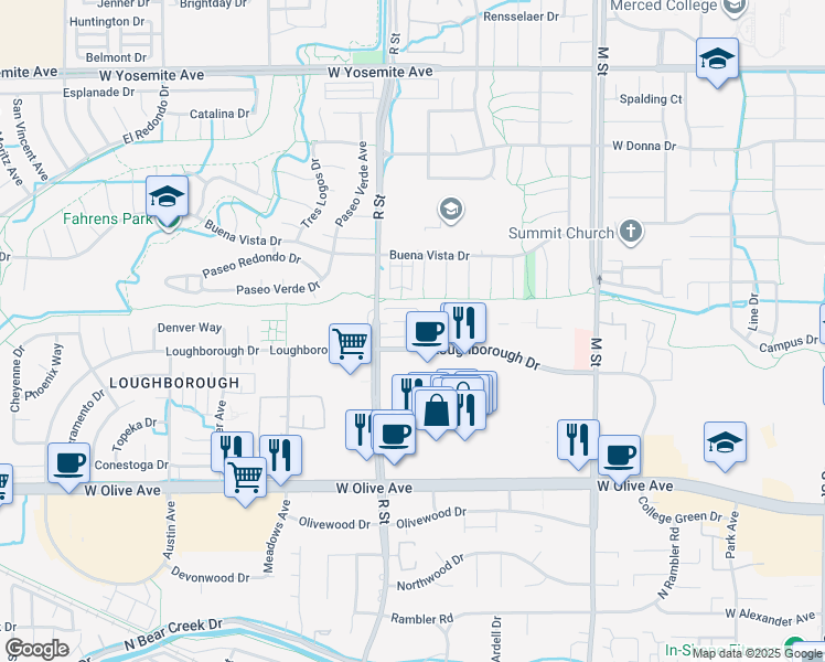 map of restaurants, bars, coffee shops, grocery stores, and more near 3312 Santa Rosa Court in Merced
