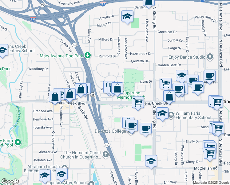 map of restaurants, bars, coffee shops, grocery stores, and more near 21401 Dana Point Lane in Cupertino