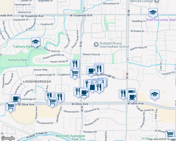 map of restaurants, bars, coffee shops, grocery stores, and more near 3329 Santa Rosa Court in Merced