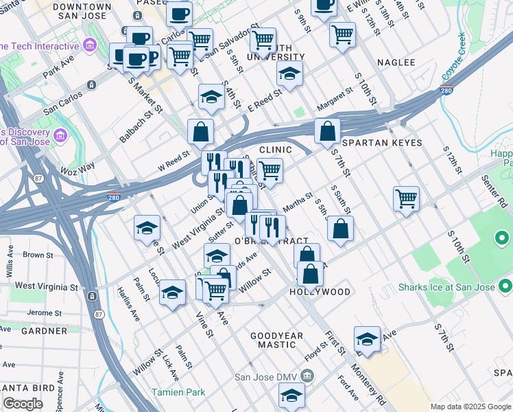 map of restaurants, bars, coffee shops, grocery stores, and more near 829 South 3rd Street in San Jose