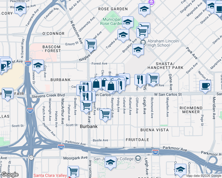 map of restaurants, bars, coffee shops, grocery stores, and more near 53 Brooklyn Avenue in San Jose