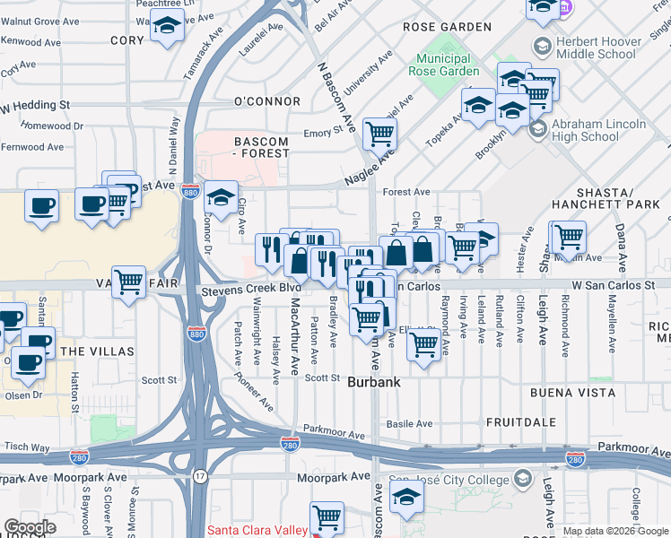 map of restaurants, bars, coffee shops, grocery stores, and more near 2269 Cecil Avenue in San Jose