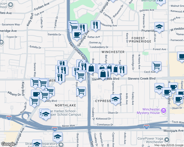 map of restaurants, bars, coffee shops, grocery stores, and more near 53 Brookside Avenue in Santa Clara