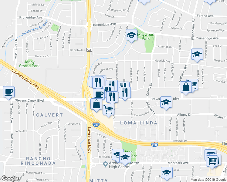 map of restaurants, bars, coffee shops, grocery stores, and more near 92 Claremont Avenue in Santa Clara
