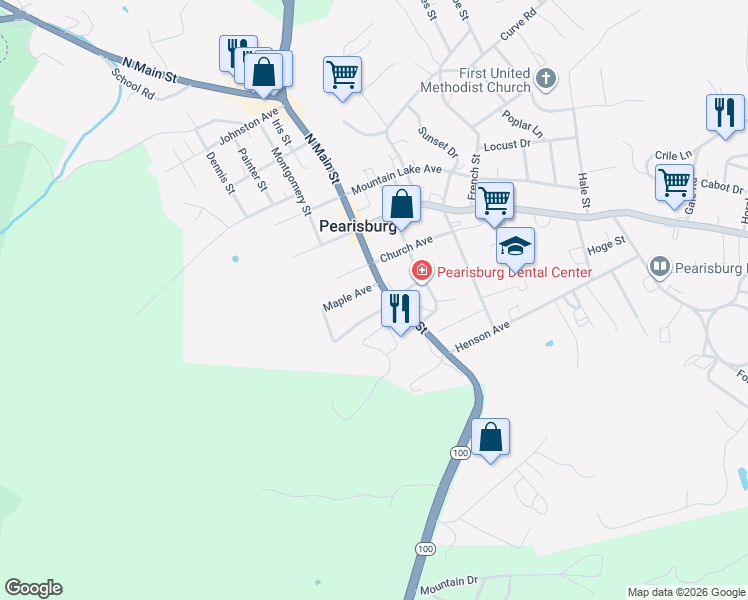 map of restaurants, bars, coffee shops, grocery stores, and more near 405 Maple Avenue in Pearisburg