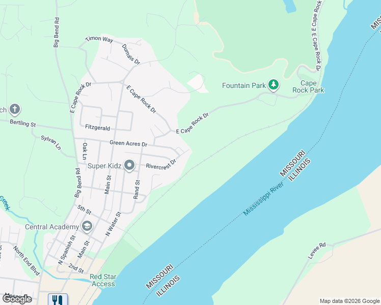 map of restaurants, bars, coffee shops, grocery stores, and more near 6 Rivercrest Drive in Cape Girardeau