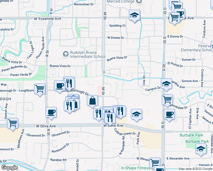map of restaurants, bars, coffee shops, grocery stores, and more near 3312 M Street in Merced