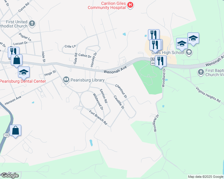 map of restaurants, bars, coffee shops, grocery stores, and more near 101 Caudille Street in Pearisburg