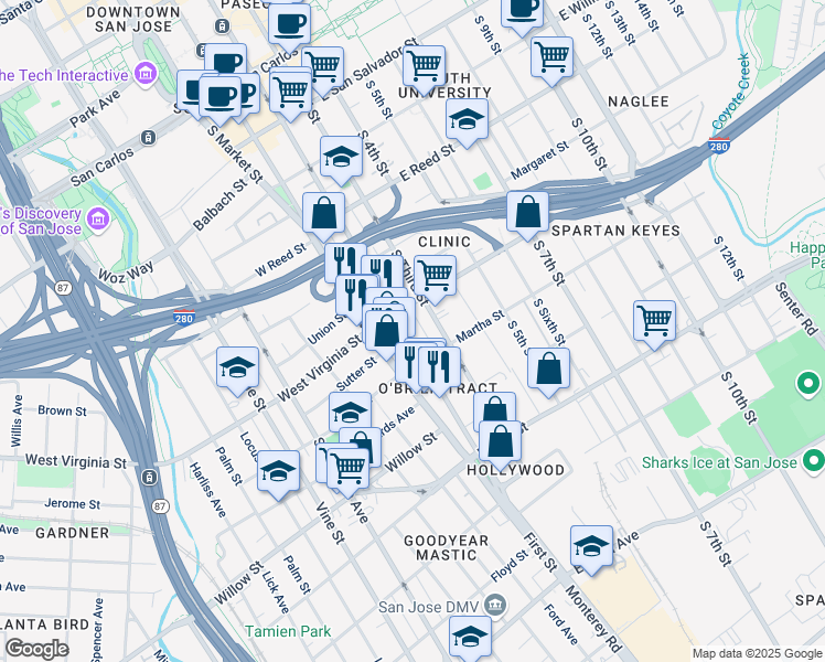 map of restaurants, bars, coffee shops, grocery stores, and more near 829 South 3rd Street in San Jose