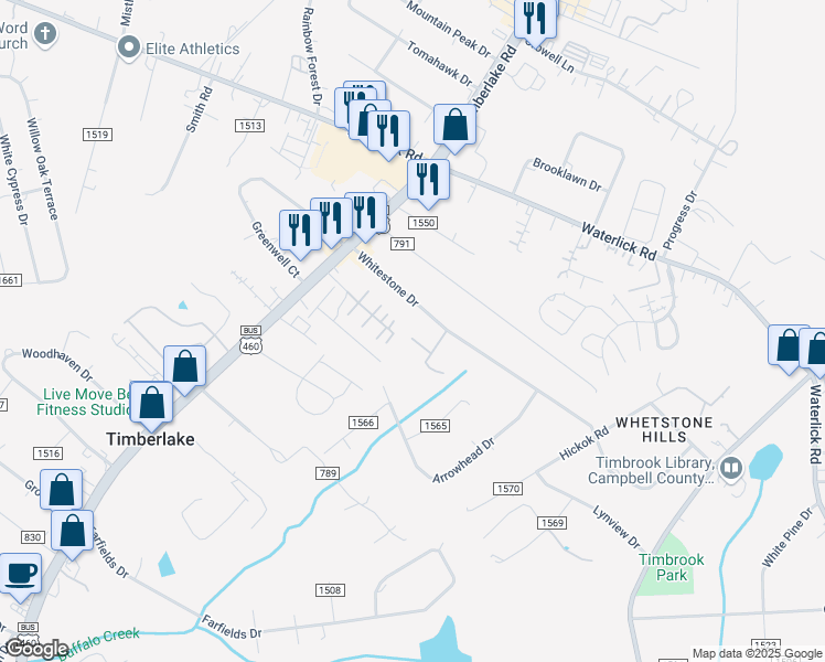 map of restaurants, bars, coffee shops, grocery stores, and more near 61 Bramble Place in Lynchburg