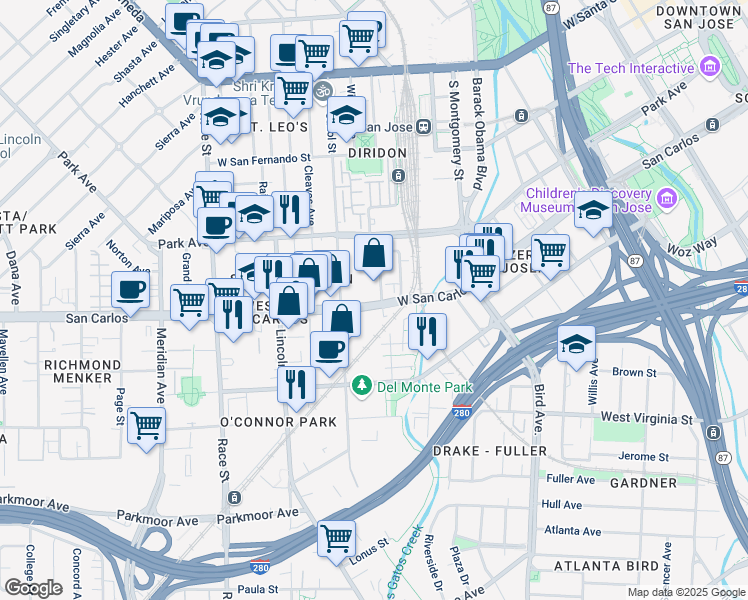 map of restaurants, bars, coffee shops, grocery stores, and more near 805 West San Carlos Street in San Jose