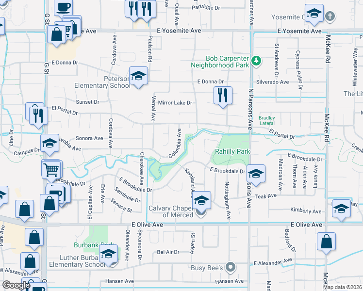 map of restaurants, bars, coffee shops, grocery stores, and more near 3324 Columbia Avenue in Merced