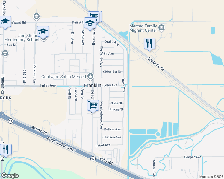 map of restaurants, bars, coffee shops, grocery stores, and more near 2134 Antley Street in Merced