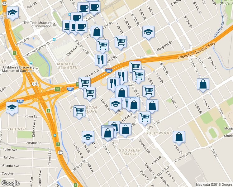 map of restaurants, bars, coffee shops, grocery stores, and more near S 1st St & E Virginia St in San Jose