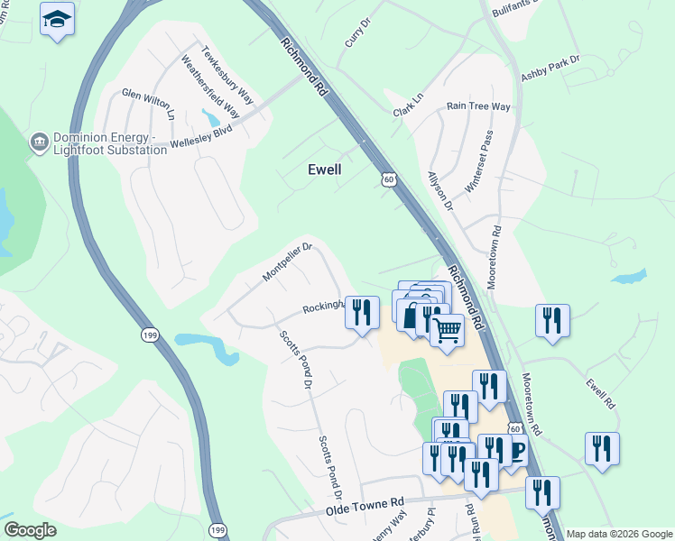 map of restaurants, bars, coffee shops, grocery stores, and more near 5820 Montpelier Drive in Williamsburg