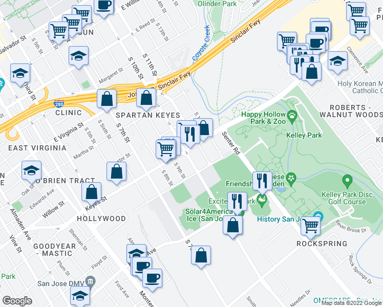 map of restaurants, bars, coffee shops, grocery stores, and more near 454 Keyes St in San Jose
