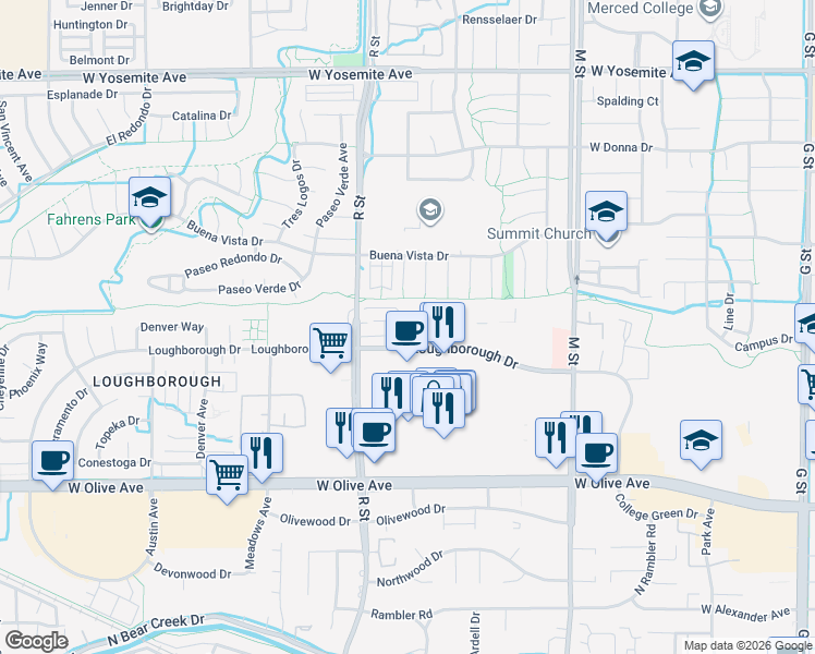map of restaurants, bars, coffee shops, grocery stores, and more near 1033 Loughborough Drive in Merced