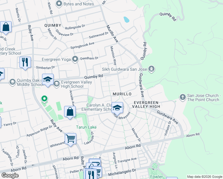 map of restaurants, bars, coffee shops, grocery stores, and more near 3431 Judi Ann Court in San Jose