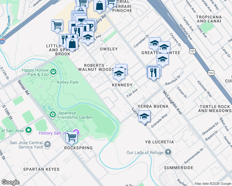 map of restaurants, bars, coffee shops, grocery stores, and more near 1520 Hearthstone Drive in San Jose