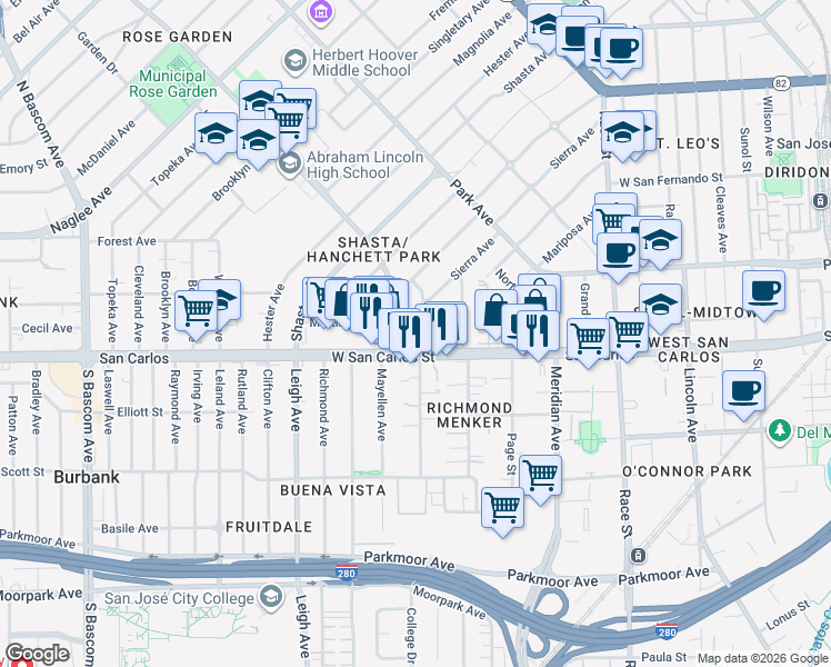 map of restaurants, bars, coffee shops, grocery stores, and more near 110 North Buena Vista Avenue in San Jose