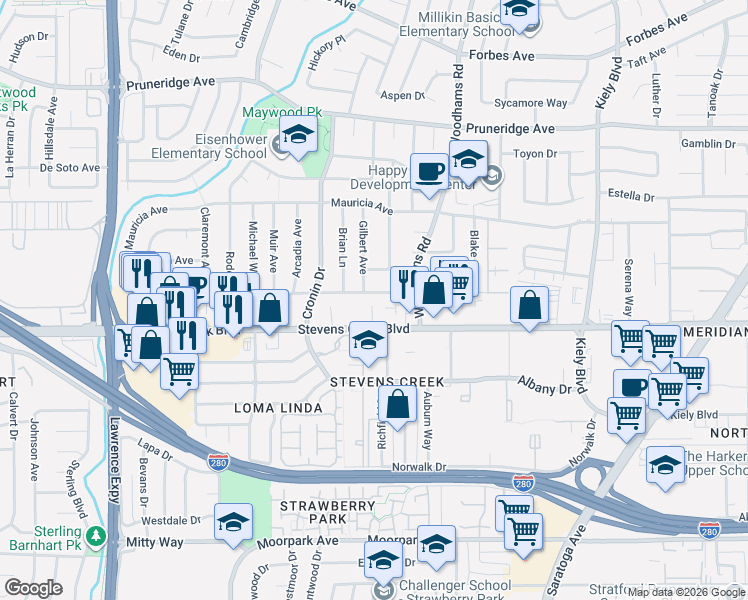 map of restaurants, bars, coffee shops, grocery stores, and more near 3125 McKinley Drive in Santa Clara