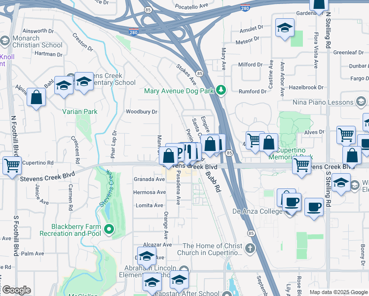 map of restaurants, bars, coffee shops, grocery stores, and more near 10134 Peninsula Avenue in Cupertino