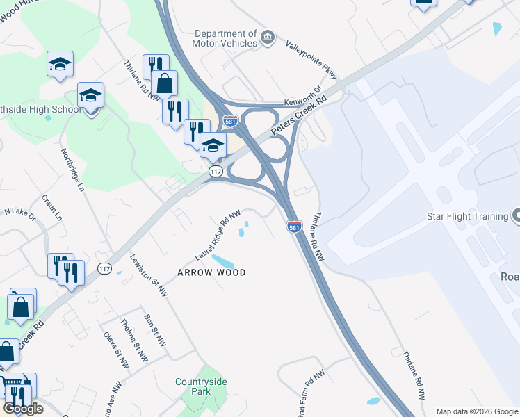 map of restaurants, bars, coffee shops, grocery stores, and more near 4840 Access Road I- 581 in Roanoke