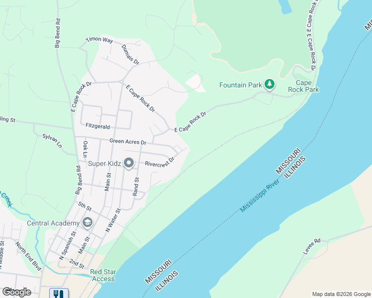 map of restaurants, bars, coffee shops, grocery stores, and more near 6 Rivercrest Drive in Cape Girardeau