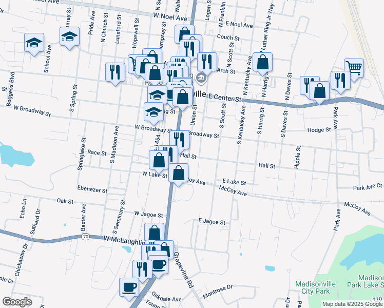 map of restaurants, bars, coffee shops, grocery stores, and more near 264 Union Street in Madisonville