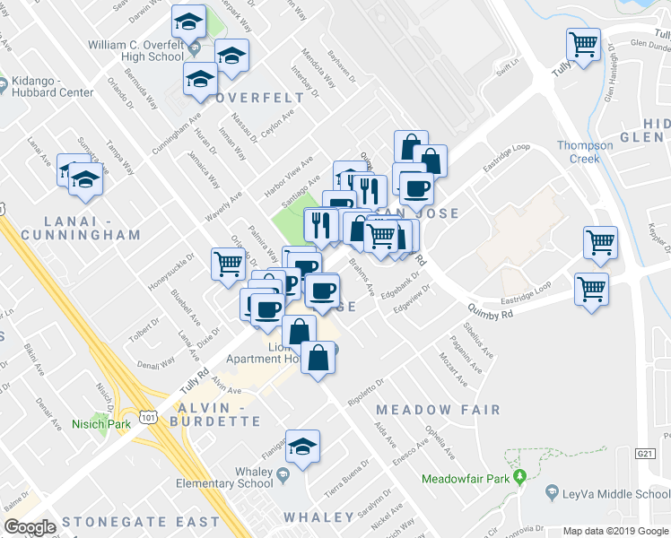 map of restaurants, bars, coffee shops, grocery stores, and more near 1937 Edgestone Circle in San Jose