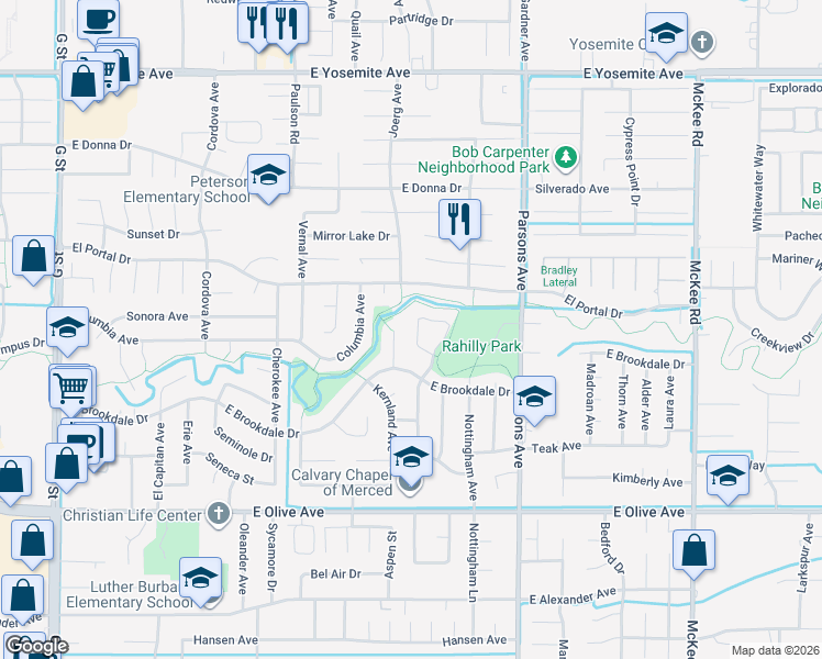 map of restaurants, bars, coffee shops, grocery stores, and more near 3329 Shamrock Place in Merced