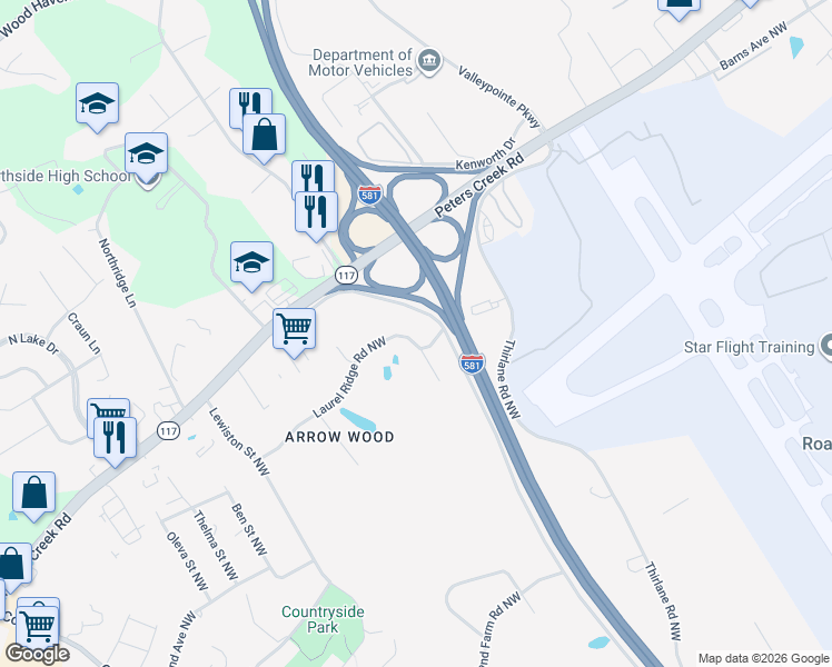 map of restaurants, bars, coffee shops, grocery stores, and more near 4840 Access Road I- 581 in Roanoke
