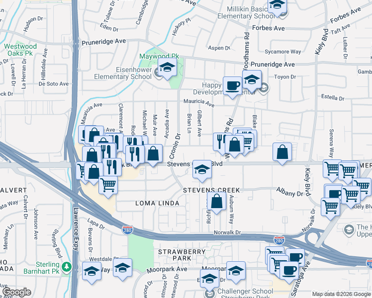 map of restaurants, bars, coffee shops, grocery stores, and more near 3182 McKinley Drive in Santa Clara