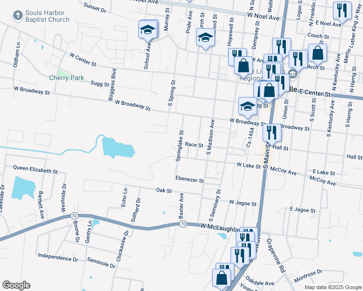 map of restaurants, bars, coffee shops, grocery stores, and more near 320 Springlake Street in Madisonville
