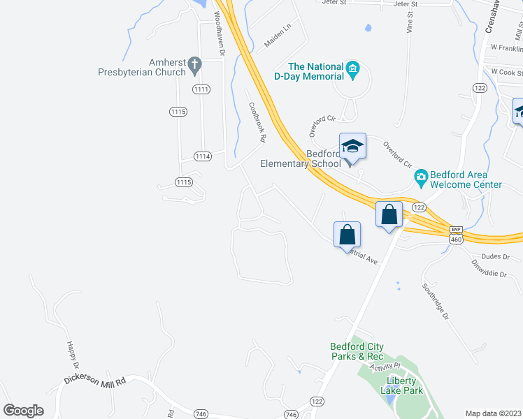 map of restaurants, bars, coffee shops, grocery stores, and more near Acorn Run Lane in Bedford