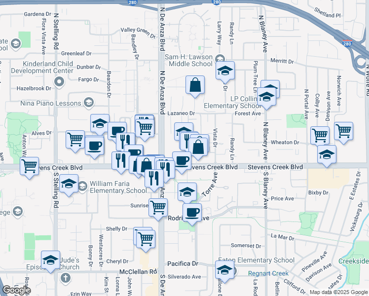 map of restaurants, bars, coffee shops, grocery stores, and more near 10120 North De Anza Boulevard in Cupertino