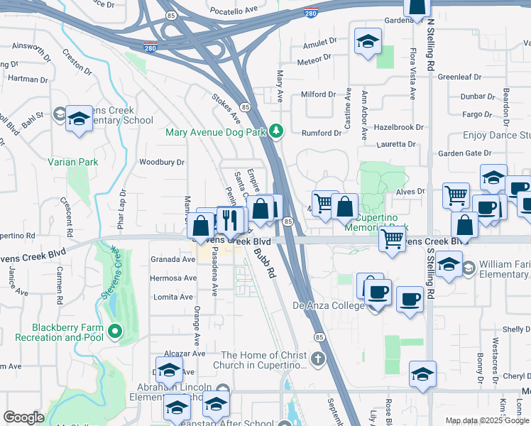 map of restaurants, bars, coffee shops, grocery stores, and more near 10106 Santa Clara Avenue in Cupertino