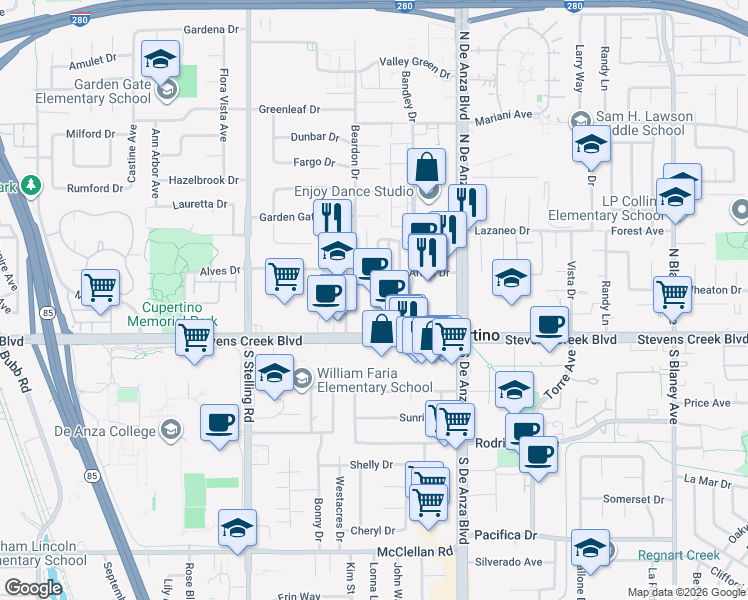 map of restaurants, bars, coffee shops, grocery stores, and more near 20745 Stevens Creek Boulevard in Cupertino