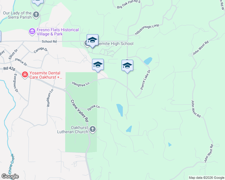 map of restaurants, bars, coffee shops, grocery stores, and more near Hangtree Court in Oakhurst