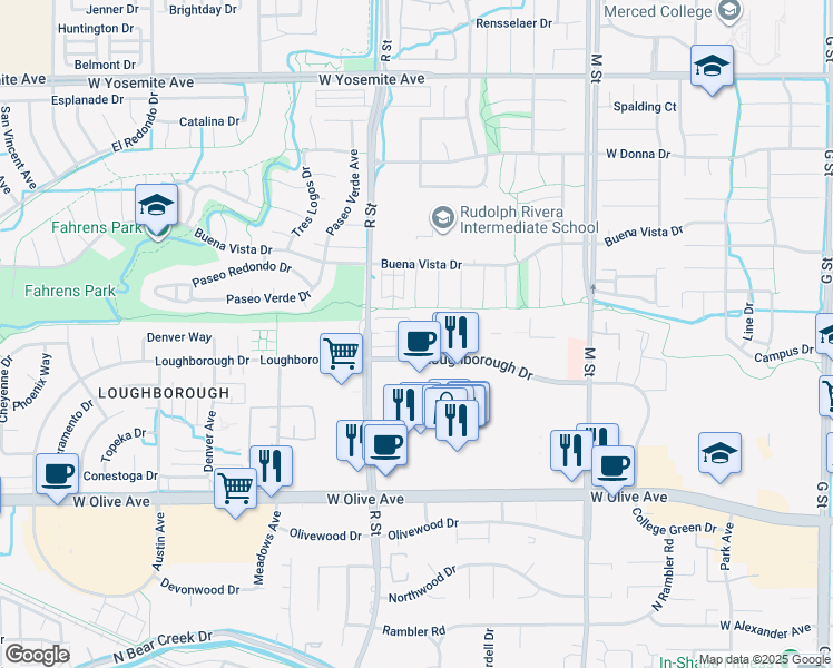 map of restaurants, bars, coffee shops, grocery stores, and more near 1019 Loughborough Drive in Merced